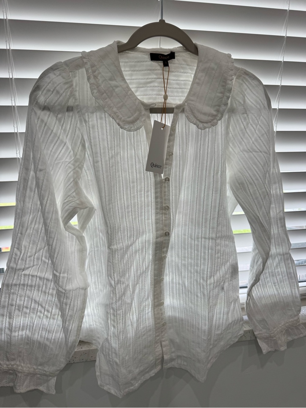 Quince Women's White Pintuck Button-Down Blouse with Scalloped Collar